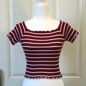 Square Neck Knitted Stripe Short Sleeve T-shirt
